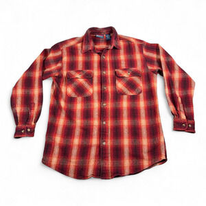 Vintage Plaid Flannel Shirt Adult LARGE Red Burnt Orange Firey Autumn Grunge 90s